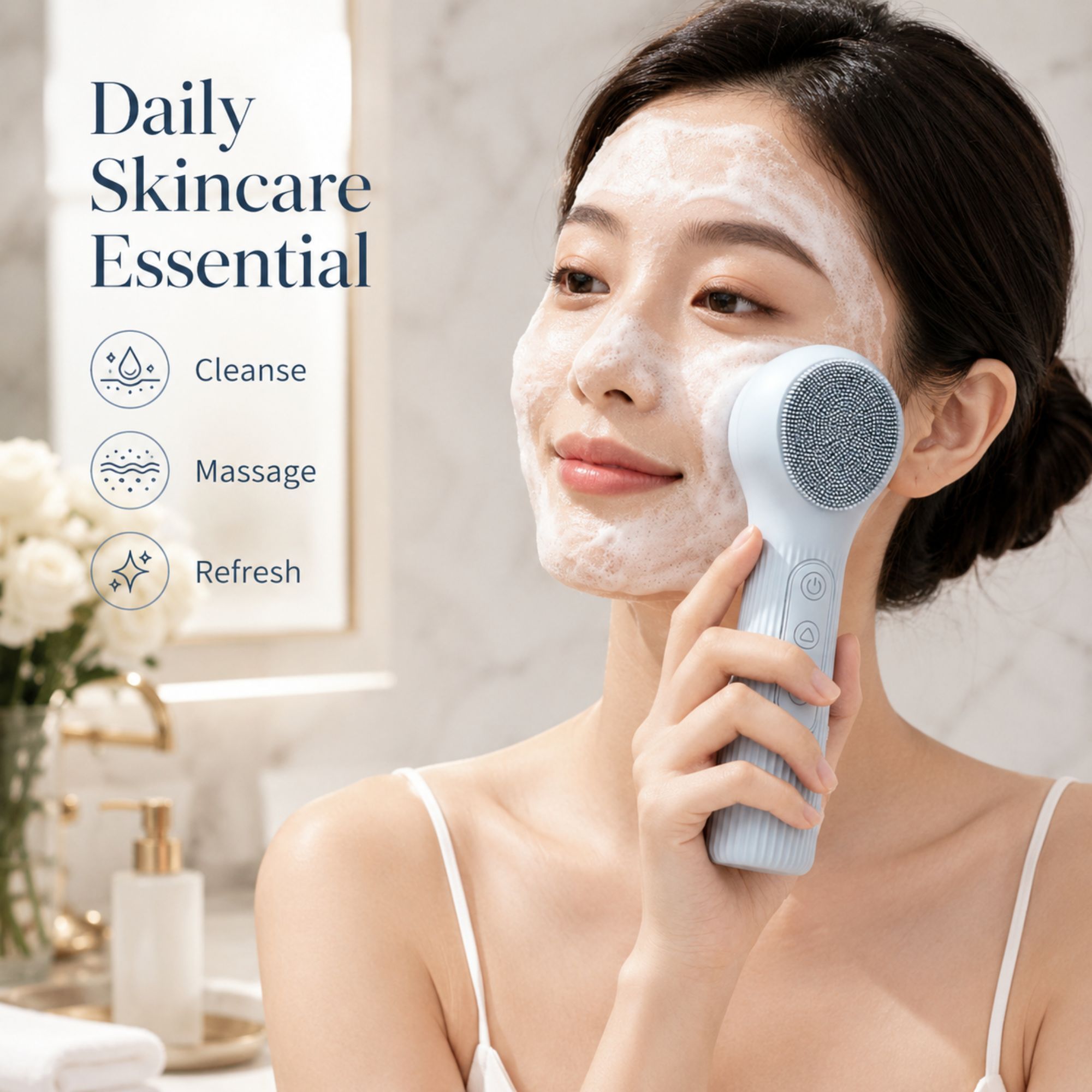 Silicone Facial Cleansing Brush Sonic Vibration Heating Waterproof Rechargeable-BEIGE