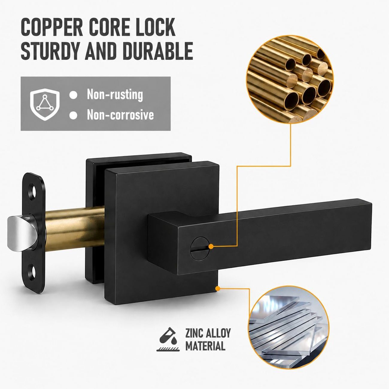 Matte Black Privacy Door Lever Handle with Keys, Heavy Duty Interior Door Lockset, Adjustable 60/70mm Backset, Reversible for Bedroom Bathroom Home Office