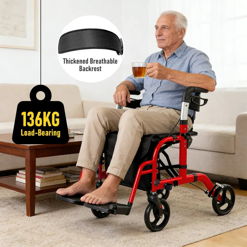 2-in-1 Foldable Aluminium Rollator Walker with Seat, Adjustable Handles, 8" All-Terrain Wheels, Detachable Storage Bag, 136kg Capacity, Lightweight Walking Frame for Indoor & Outdoor Use