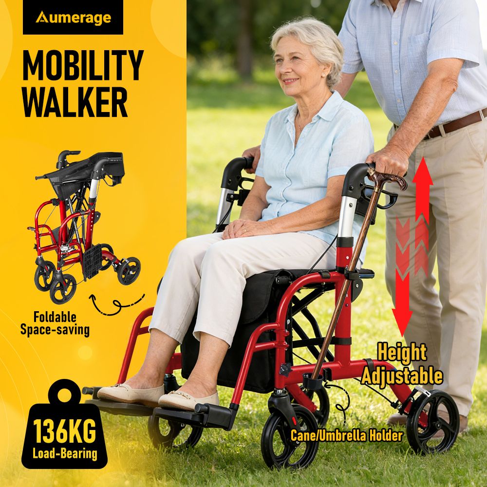 2-in-1 Foldable Aluminium Rollator Walker with Seat, Adjustable Handles, 8" All-Terrain Wheels, Detachable Storage Bag, 136kg Capacity, Lightweight Walking Frame for Indoor & Outdoor Use