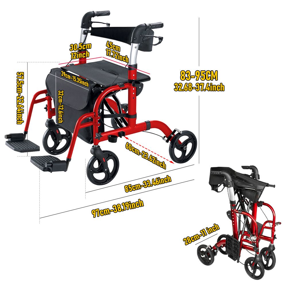2-in-1 Foldable Aluminium Rollator Walker with Seat, Adjustable Handles, 8" All-Terrain Wheels, Detachable Storage Bag, 136kg Capacity, Lightweight Walking Frame for Indoor & Outdoor Use