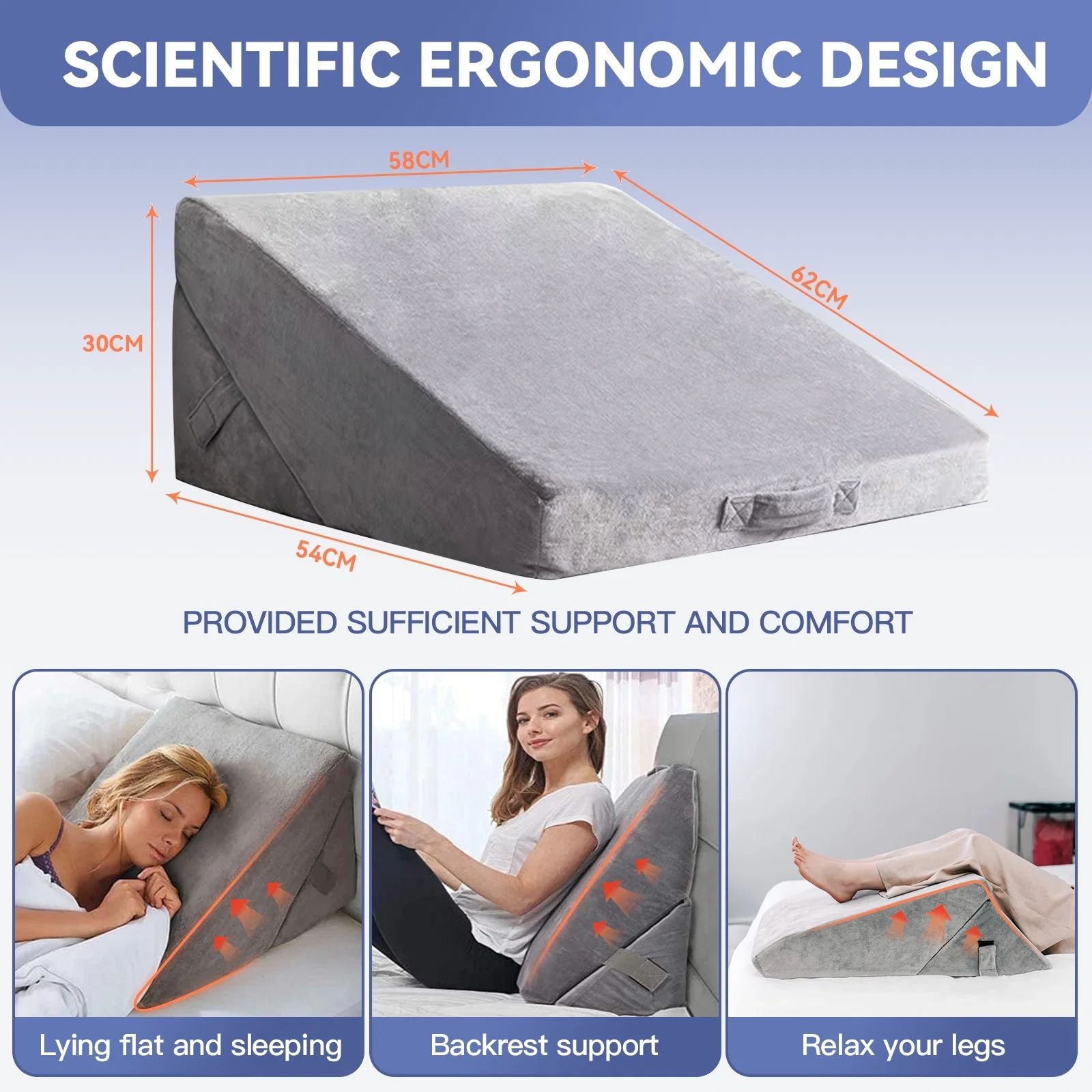 Adjustable Memory Foam Wedge Pillow with Washable Velvet Cover for Bed Sofa Reading(55x55x33cm)