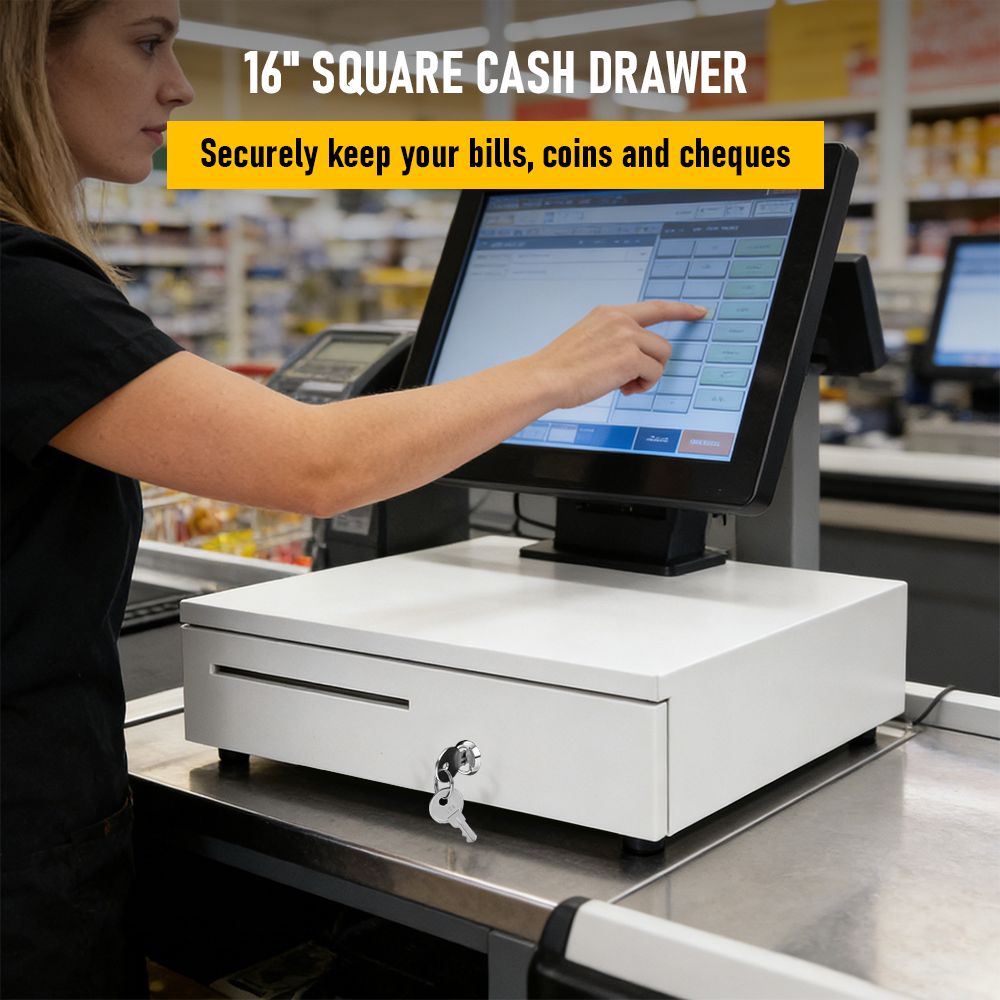 Heavy Duty Metal Cash Drawer, 5 Note & 6 Coin Trays,White(40.5x42x11.2cm)