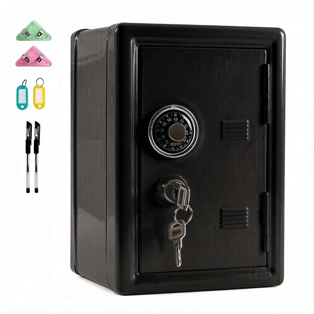 Lockable Metal Money Box, Cash & Coin Storage Box with Key Lock, Compact Piggy Bank for Kids & Adults, Office & Small Valuables-Black