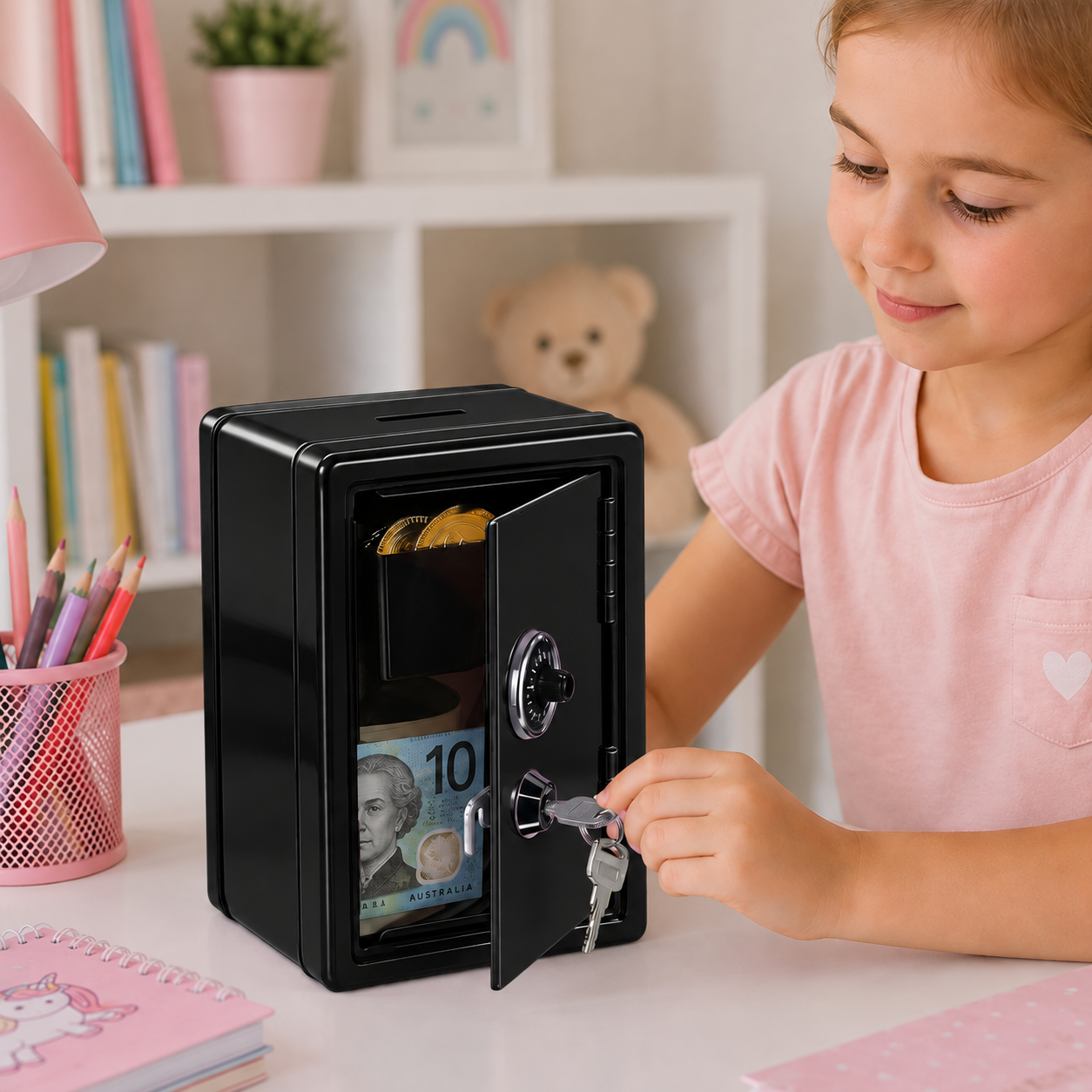 Lockable Metal Money Box, Cash & Coin Storage Box with Key Lock, Compact Piggy Bank for Kids & Adults, Office & Small Valuables-Black