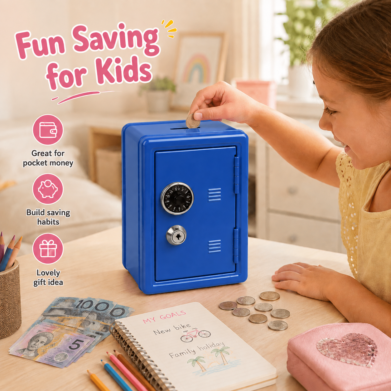 Lockable Metal Money Box, Cash & Coin Storage Box with Key Lock, Compact Piggy Bank for Kids & Adults, Office & Small Valuables-Blue