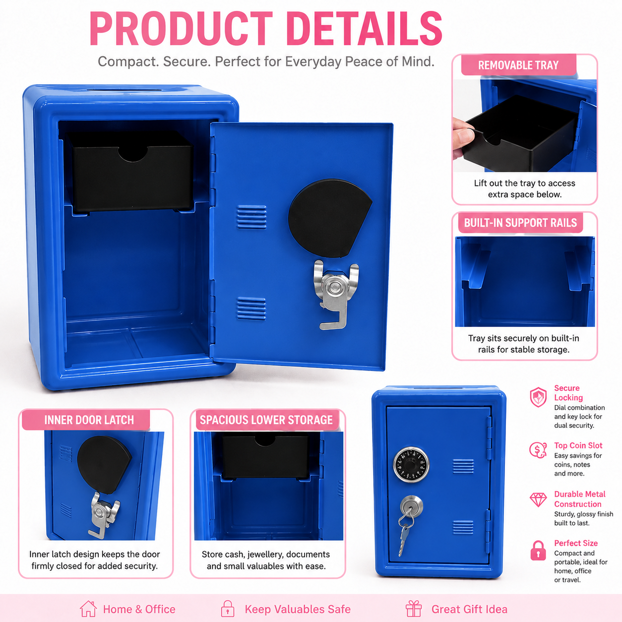 Lockable Metal Money Box, Cash & Coin Storage Box with Key Lock, Compact Piggy Bank for Kids & Adults, Office & Small Valuables-Blue