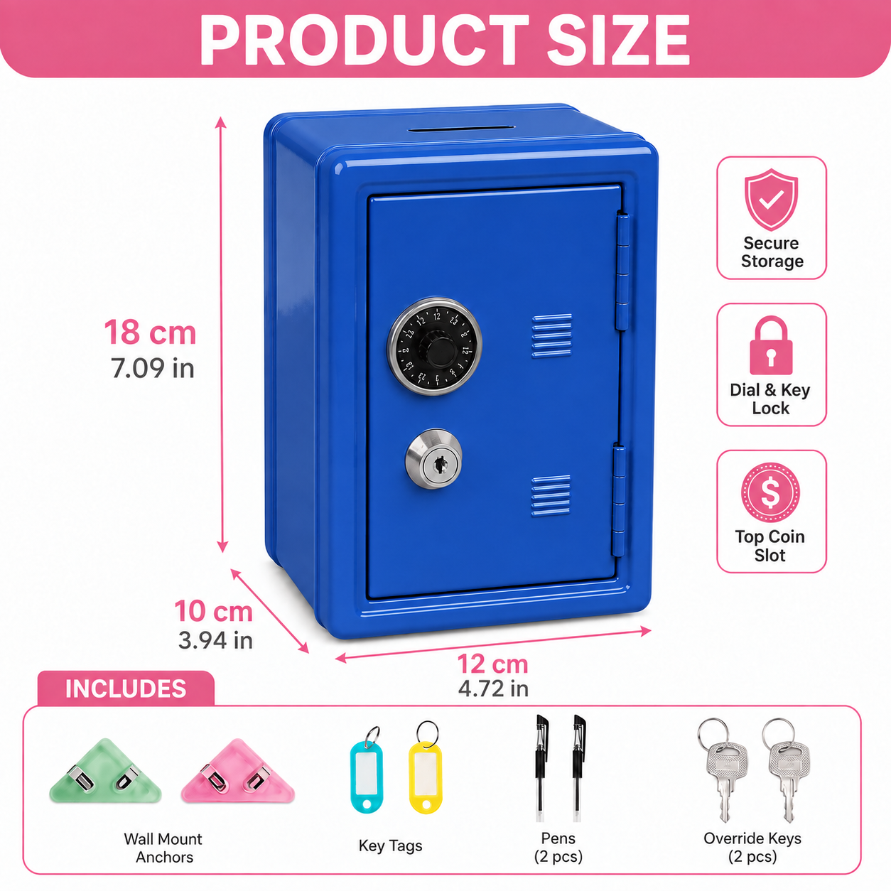 Lockable Metal Money Box, Cash & Coin Storage Box with Key Lock, Compact Piggy Bank for Kids & Adults, Office & Small Valuables-Blue