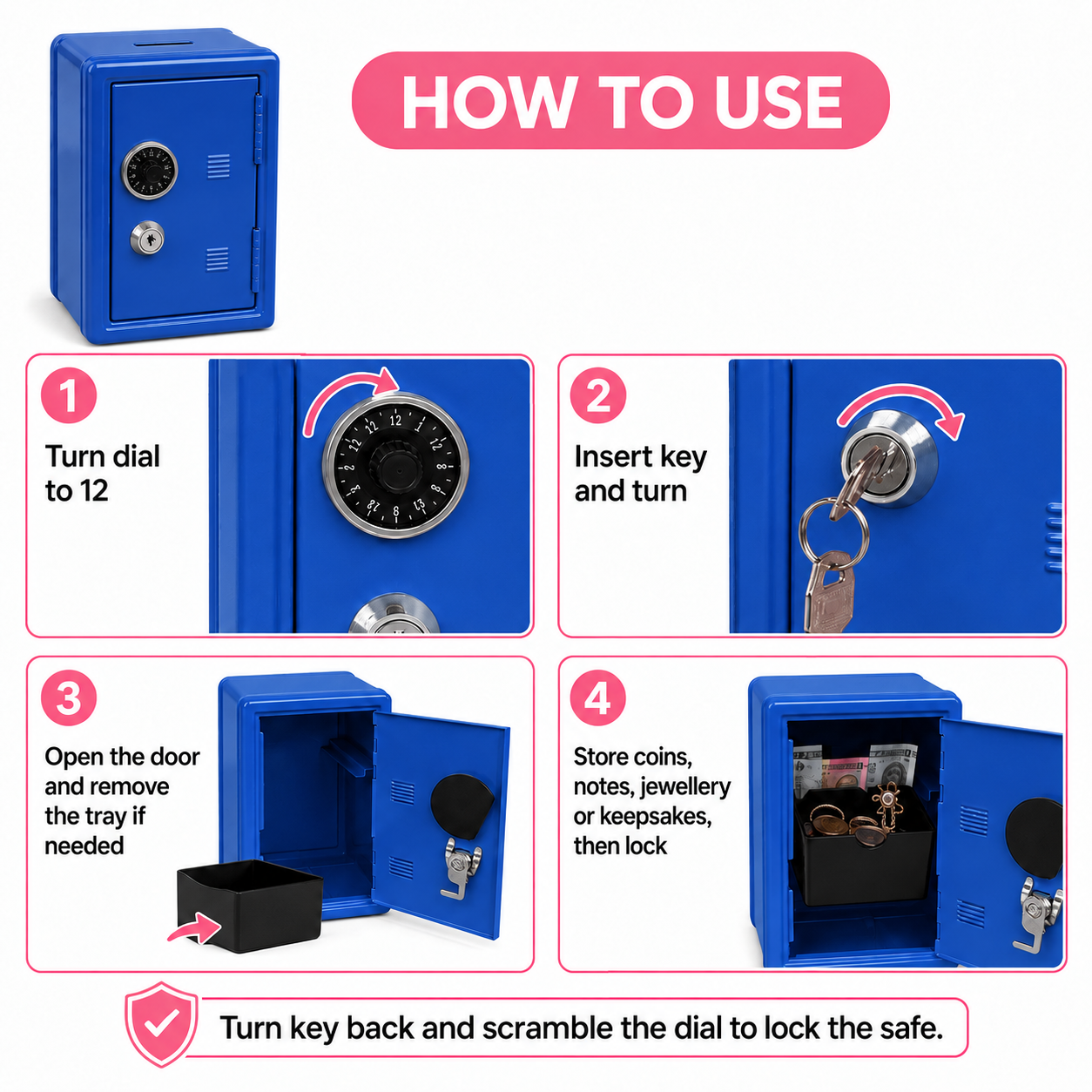 Lockable Metal Money Box, Cash & Coin Storage Box with Key Lock, Compact Piggy Bank for Kids & Adults, Office & Small Valuables-Blue