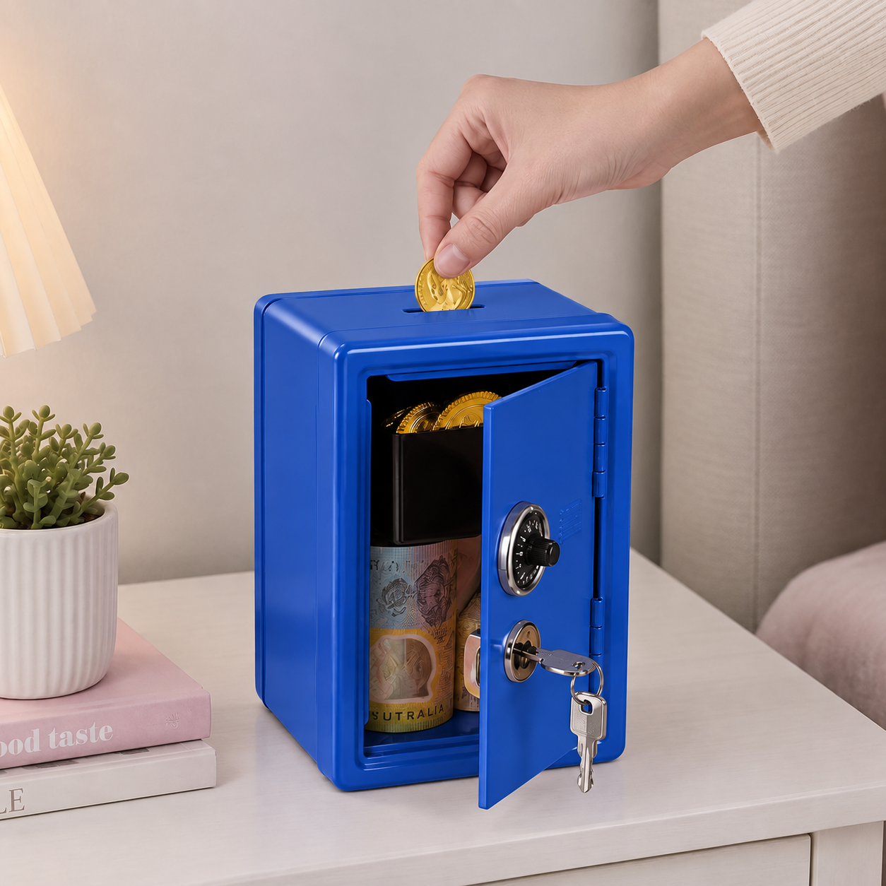 Lockable Metal Money Box, Cash & Coin Storage Box with Key Lock, Compact Piggy Bank for Kids & Adults, Office & Small Valuables-Blue