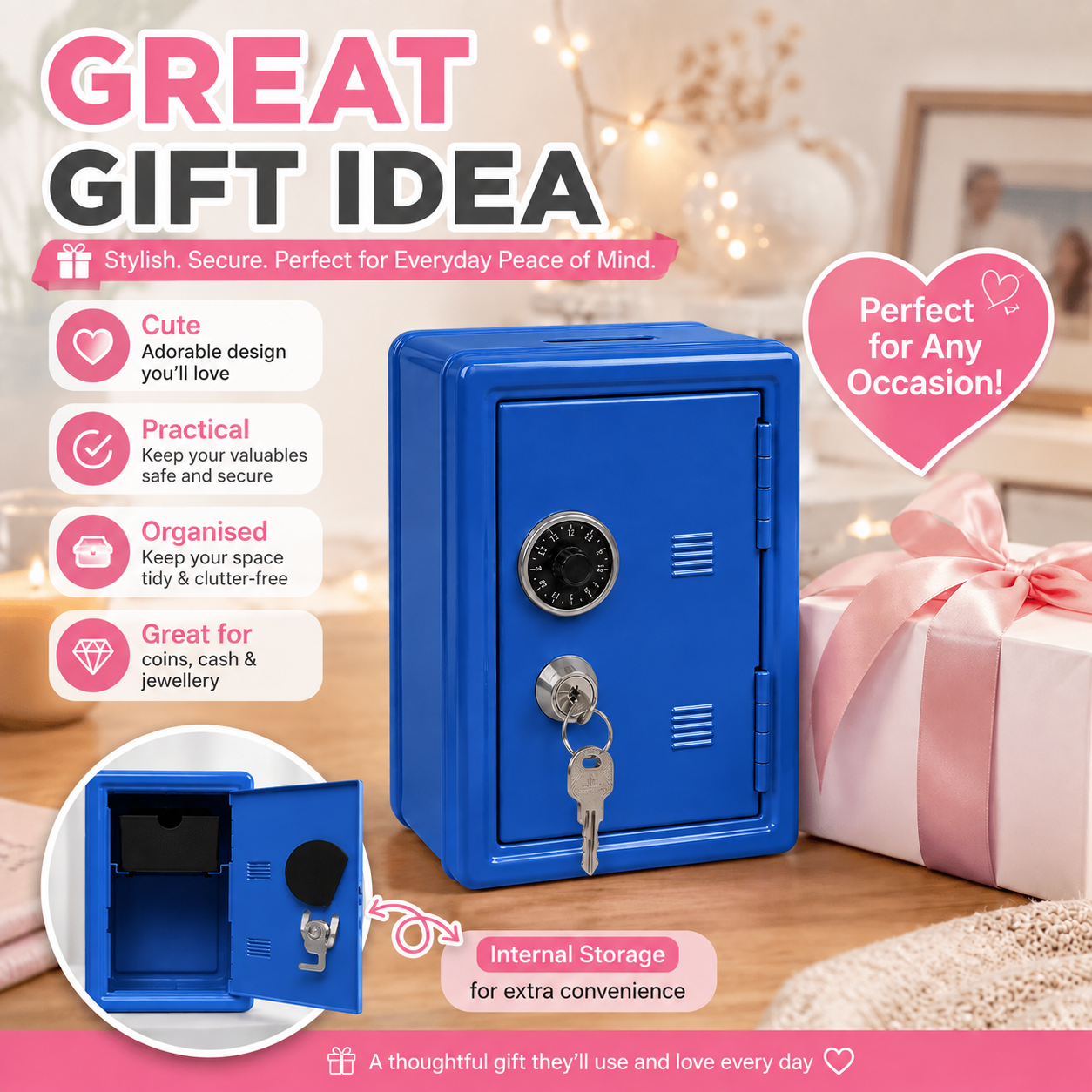 Lockable Metal Money Box, Cash & Coin Storage Box with Key Lock, Compact Piggy Bank for Kids & Adults, Office & Small Valuables-Blue