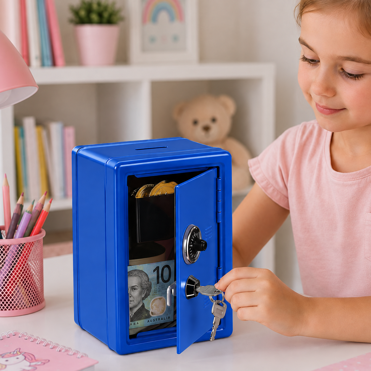 Lockable Metal Money Box, Cash & Coin Storage Box with Key Lock, Compact Piggy Bank for Kids & Adults, Office & Small Valuables-Blue