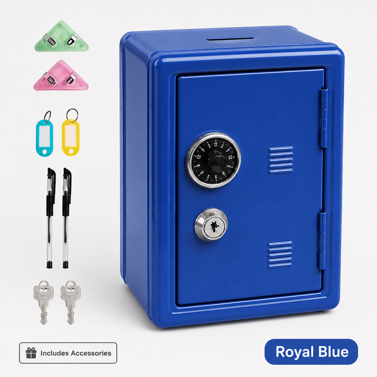 Lockable Metal Money Box, Cash & Coin Storage Box with Key Lock, Compact Piggy Bank for Kids & Adults, Office & Small Valuables-Blue
