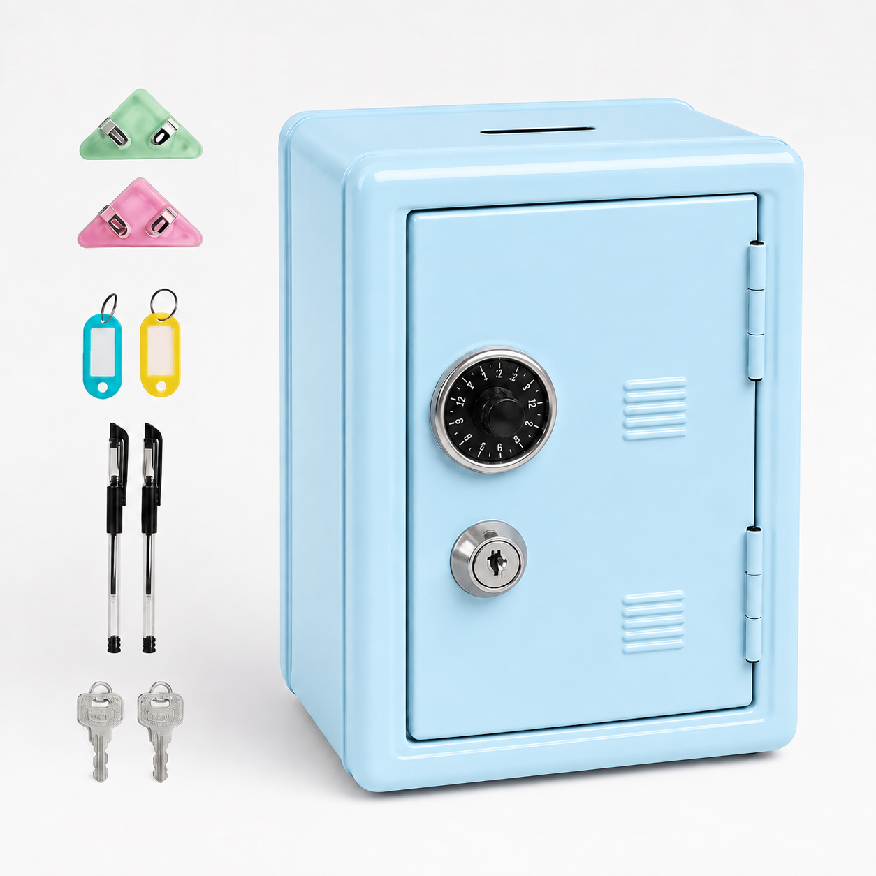Lockable Metal Money Box, Cash & Coin Storage Box with Key Lock, Compact Piggy Bank for Kids & Adults, Office & Small Valuables-Light Blue