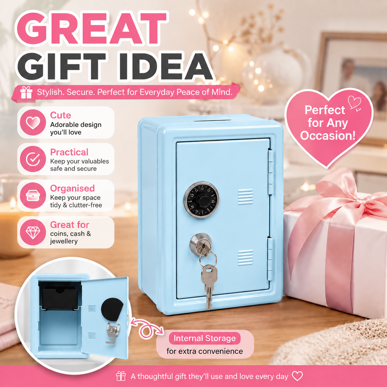 Lockable Metal Money Box, Cash & Coin Storage Box with Key Lock, Compact Piggy Bank for Kids & Adults, Office & Small Valuables-Light Blue