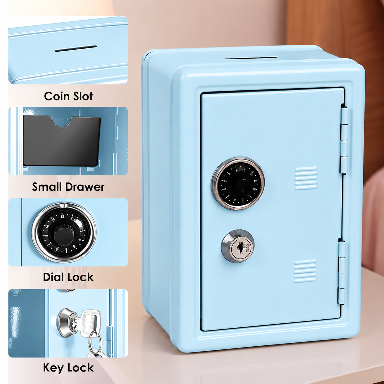 Lockable Metal Money Box, Cash & Coin Storage Box with Key Lock, Compact Piggy Bank for Kids & Adults, Office & Small Valuables-Light Blue