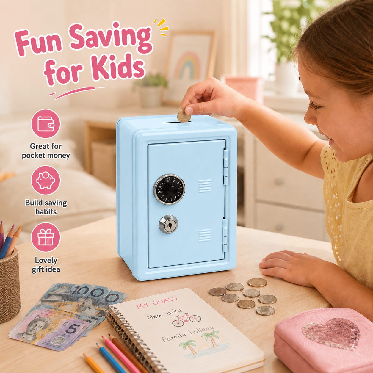 Lockable Metal Money Box, Cash & Coin Storage Box with Key Lock, Compact Piggy Bank for Kids & Adults, Office & Small Valuables-Light Blue