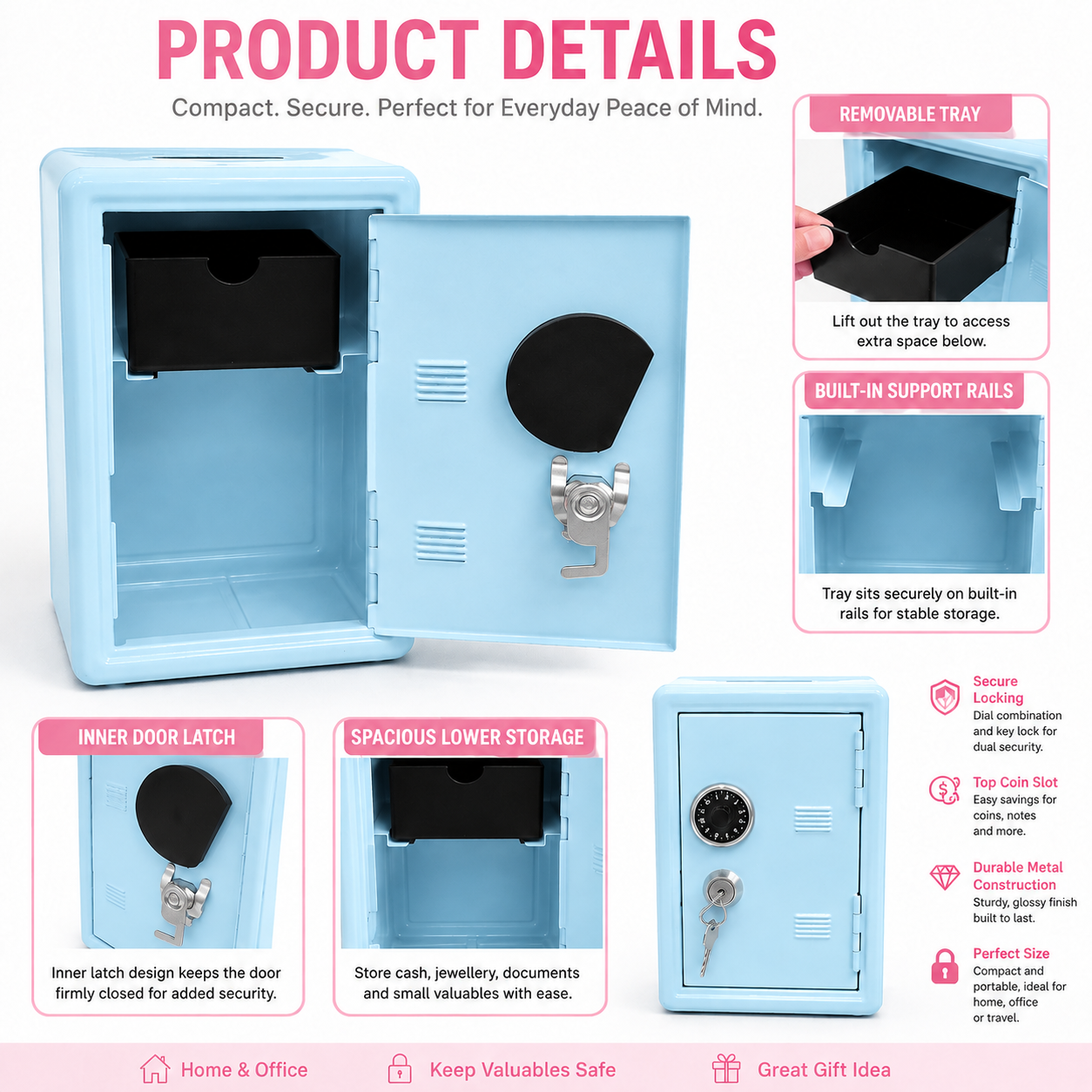 Lockable Metal Money Box, Cash & Coin Storage Box with Key Lock, Compact Piggy Bank for Kids & Adults, Office & Small Valuables-Light Blue