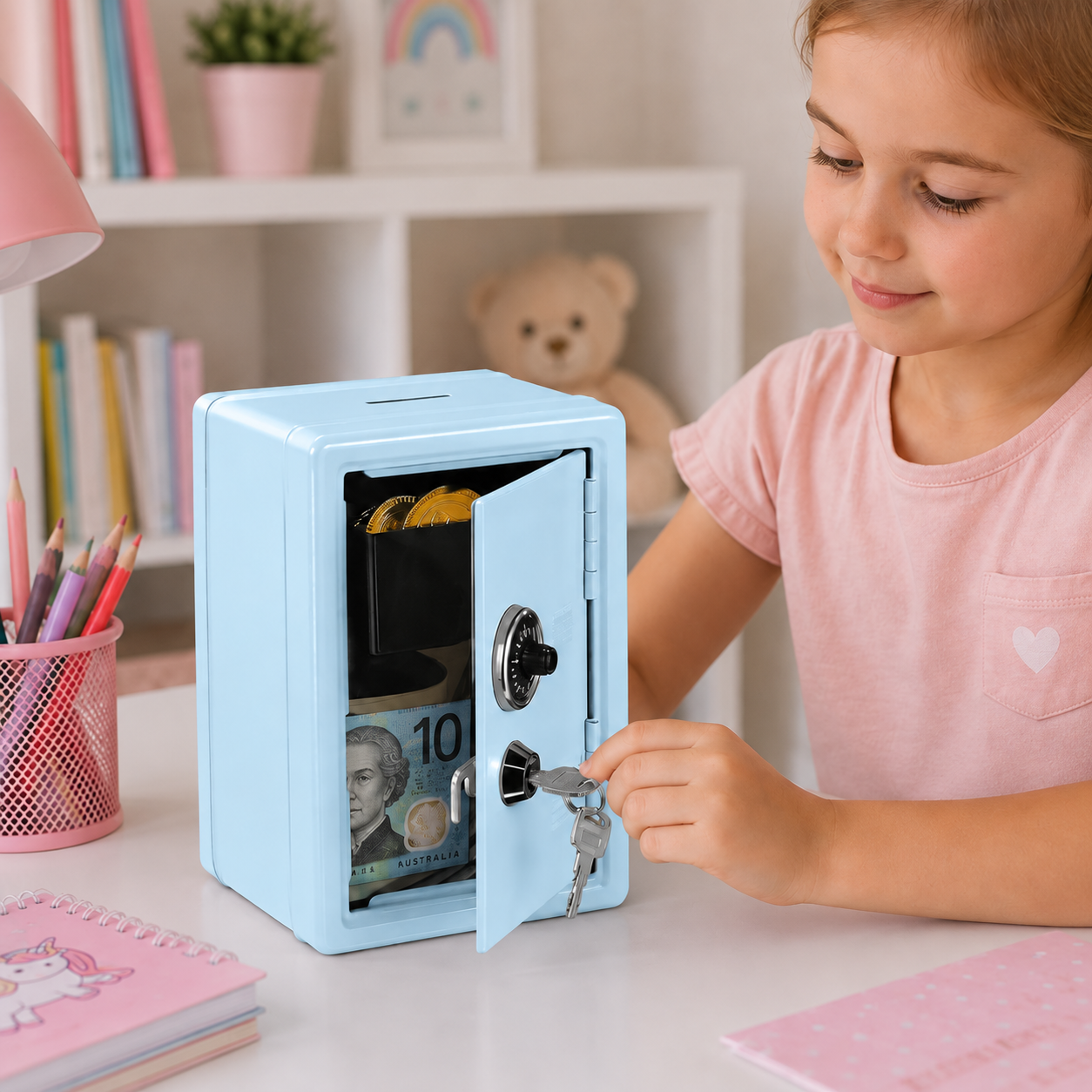 Lockable Metal Money Box, Cash & Coin Storage Box with Key Lock, Compact Piggy Bank for Kids & Adults, Office & Small Valuables-Light Blue