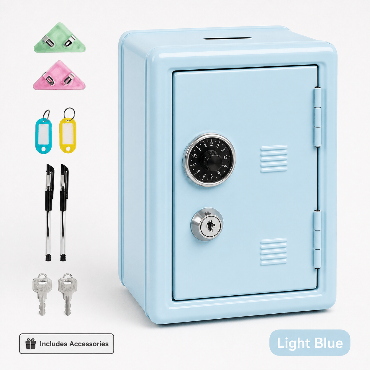 Lockable Metal Money Box, Cash & Coin Storage Box with Key Lock, Compact Piggy Bank for Kids & Adults, Office & Small Valuables-Light Blue