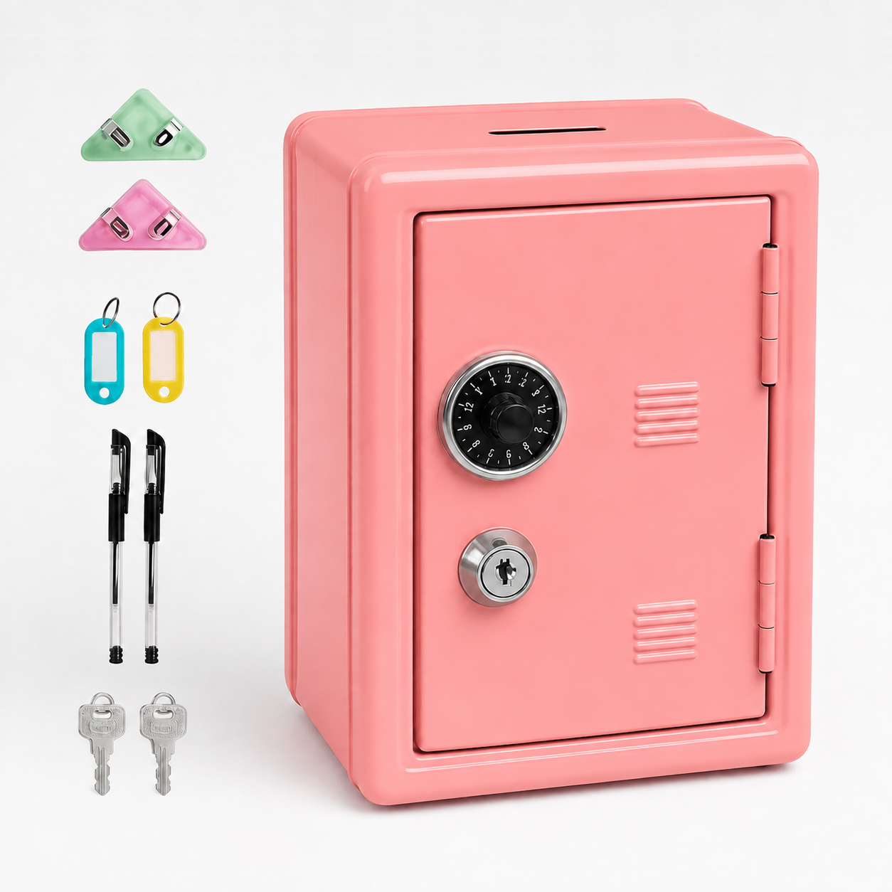 Lockable Metal Money Box, Cash & Coin Storage Box with Key Lock, Compact Piggy Bank for Kids & Adults, Office & Small Valuables-coral pink
