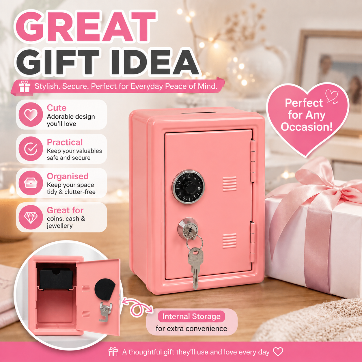 Lockable Metal Money Box, Cash & Coin Storage Box with Key Lock, Compact Piggy Bank for Kids & Adults, Office & Small Valuables-coral pink
