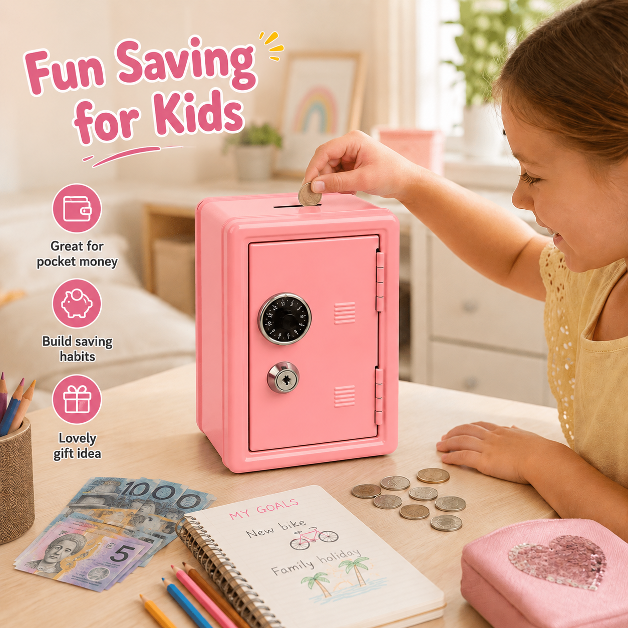 Lockable Metal Money Box, Cash & Coin Storage Box with Key Lock, Compact Piggy Bank for Kids & Adults, Office & Small Valuables-coral pink