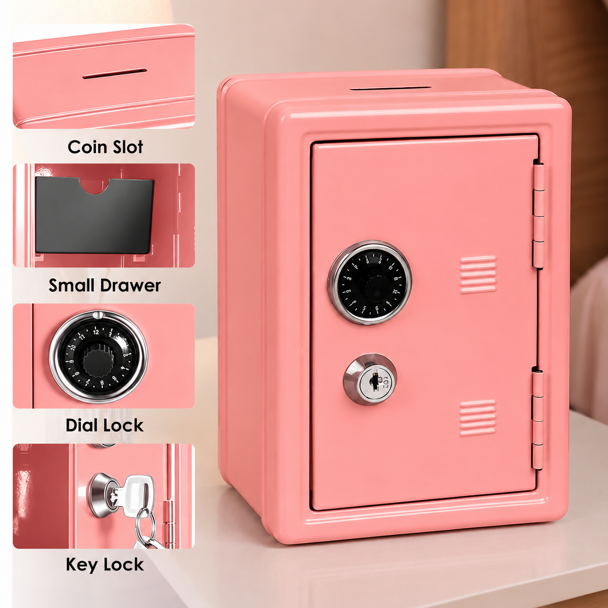 Lockable Metal Money Box, Cash & Coin Storage Box with Key Lock, Compact Piggy Bank for Kids & Adults, Office & Small Valuables-coral pink