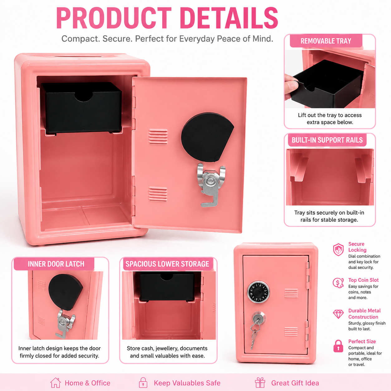 Lockable Metal Money Box, Cash & Coin Storage Box with Key Lock, Compact Piggy Bank for Kids & Adults, Office & Small Valuables-coral pink