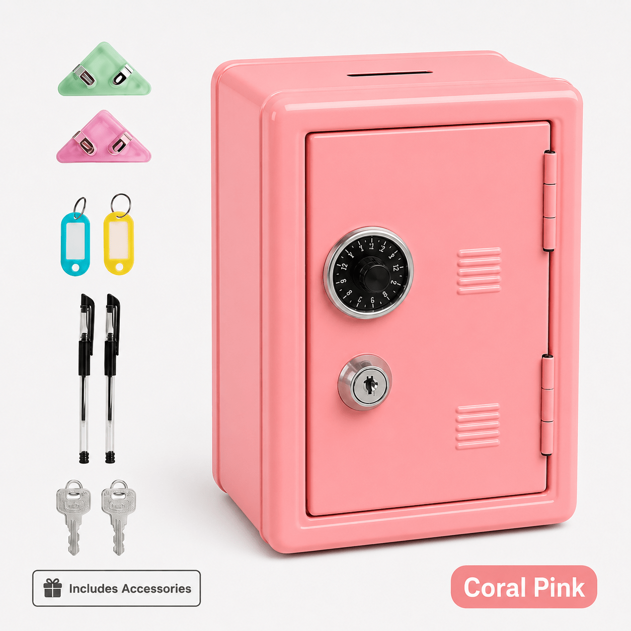 Lockable Metal Money Box, Cash & Coin Storage Box with Key Lock, Compact Piggy Bank for Kids & Adults, Office & Small Valuables-coral pink
