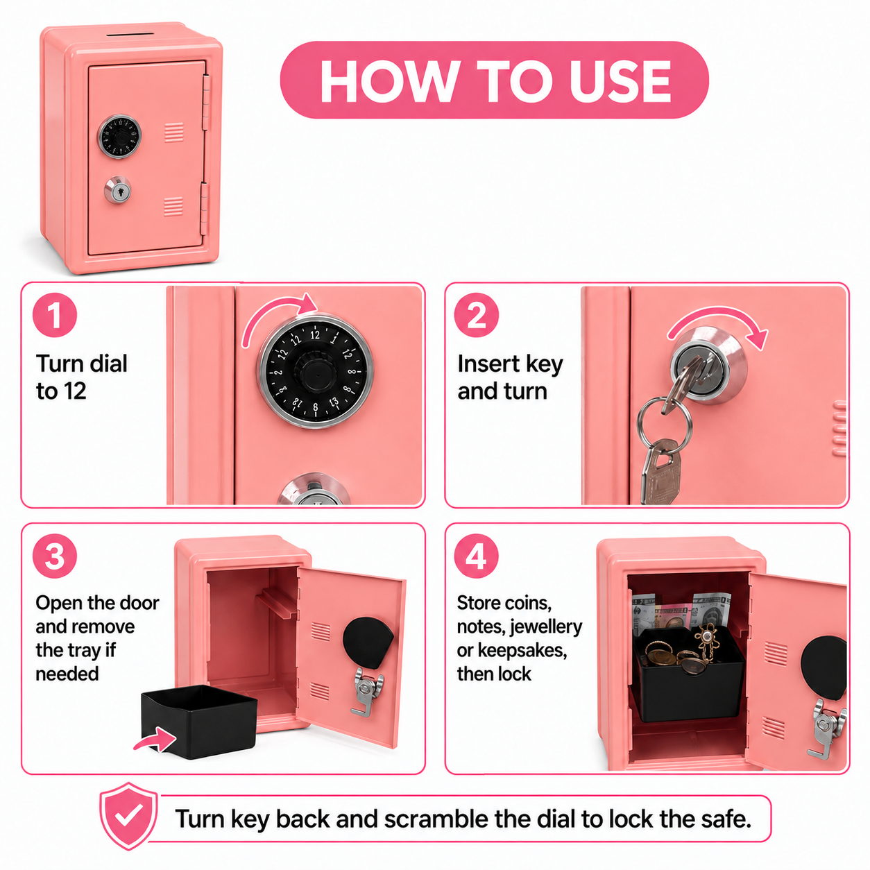 Lockable Metal Money Box, Cash & Coin Storage Box with Key Lock, Compact Piggy Bank for Kids & Adults, Office & Small Valuables-coral pink