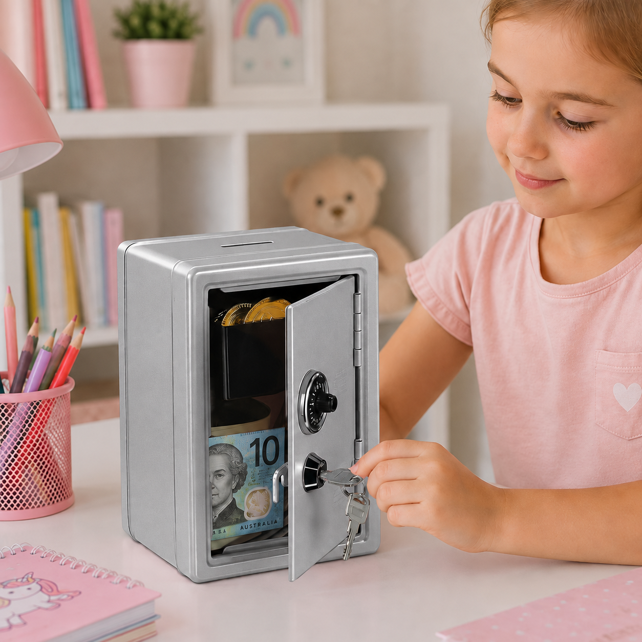 Lockable Metal Money Box, Cash & Coin Storage Box with Key Lock, Compact Piggy Bank for Kids & Adults, Office & Small Valuables-Grey