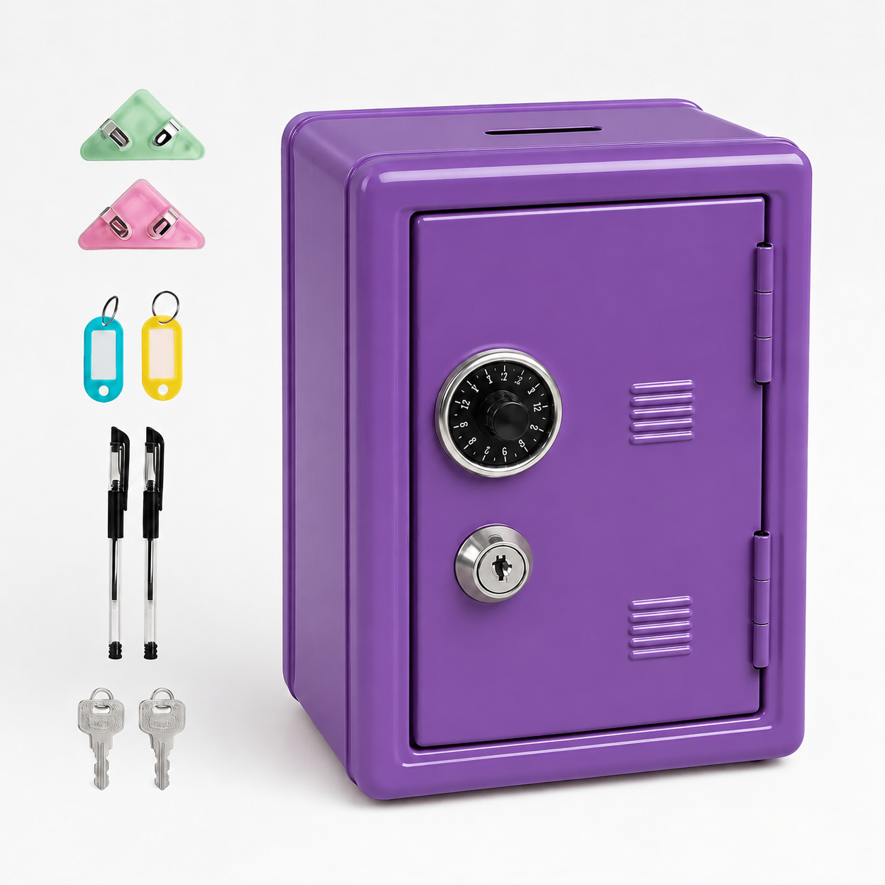 Lockable Metal Money Box, Cash & Coin Storage Box with Key Lock, Compact Piggy Bank for Kids & Adults, Office & Small Valuables-Purple