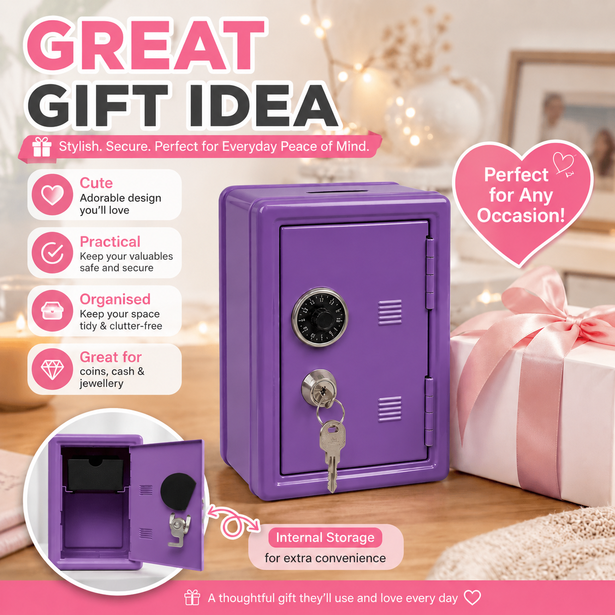 Lockable Metal Money Box, Cash & Coin Storage Box with Key Lock, Compact Piggy Bank for Kids & Adults, Office & Small Valuables-Purple