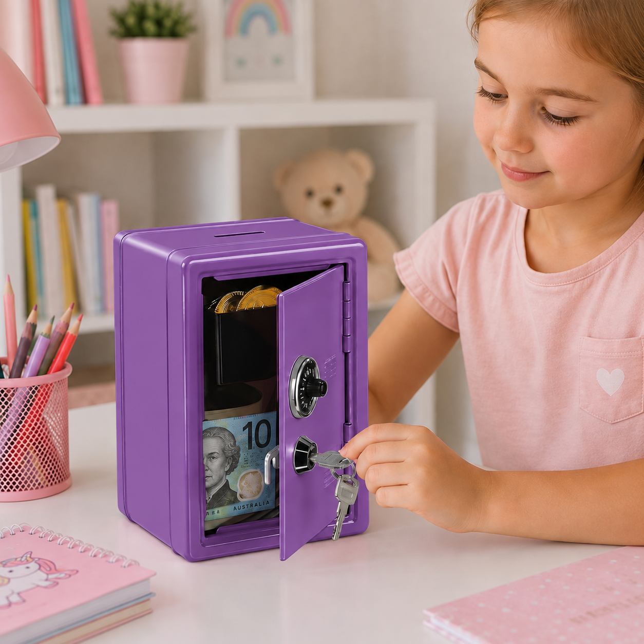 Lockable Metal Money Box, Cash & Coin Storage Box with Key Lock, Compact Piggy Bank for Kids & Adults, Office & Small Valuables-Purple