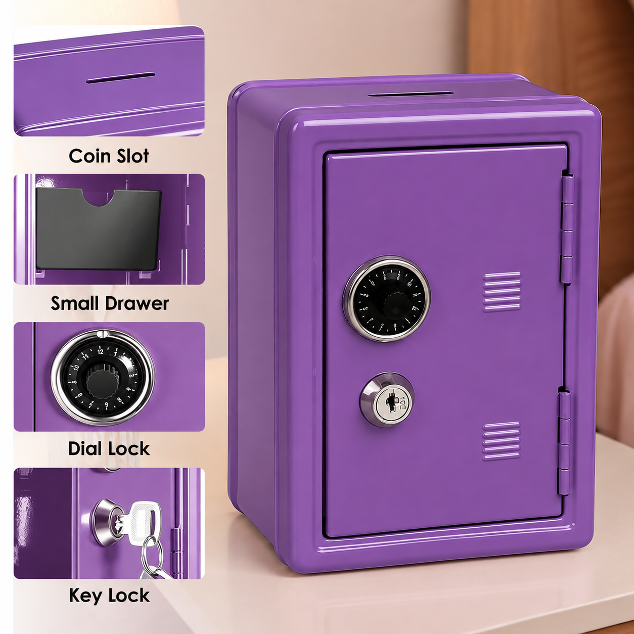 Lockable Metal Money Box, Cash & Coin Storage Box with Key Lock, Compact Piggy Bank for Kids & Adults, Office & Small Valuables-Purple