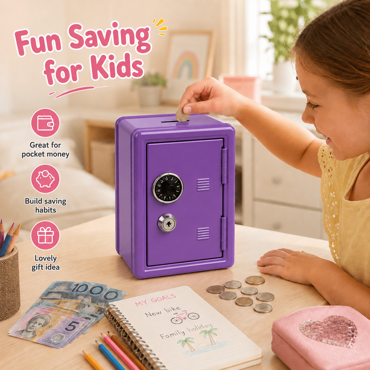 Lockable Metal Money Box, Cash & Coin Storage Box with Key Lock, Compact Piggy Bank for Kids & Adults, Office & Small Valuables-Purple
