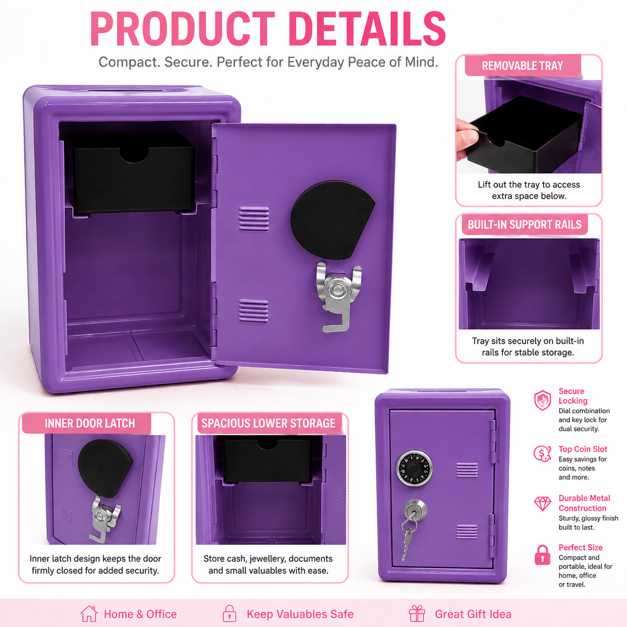 Lockable Metal Money Box, Cash & Coin Storage Box with Key Lock, Compact Piggy Bank for Kids & Adults, Office & Small Valuables-Purple