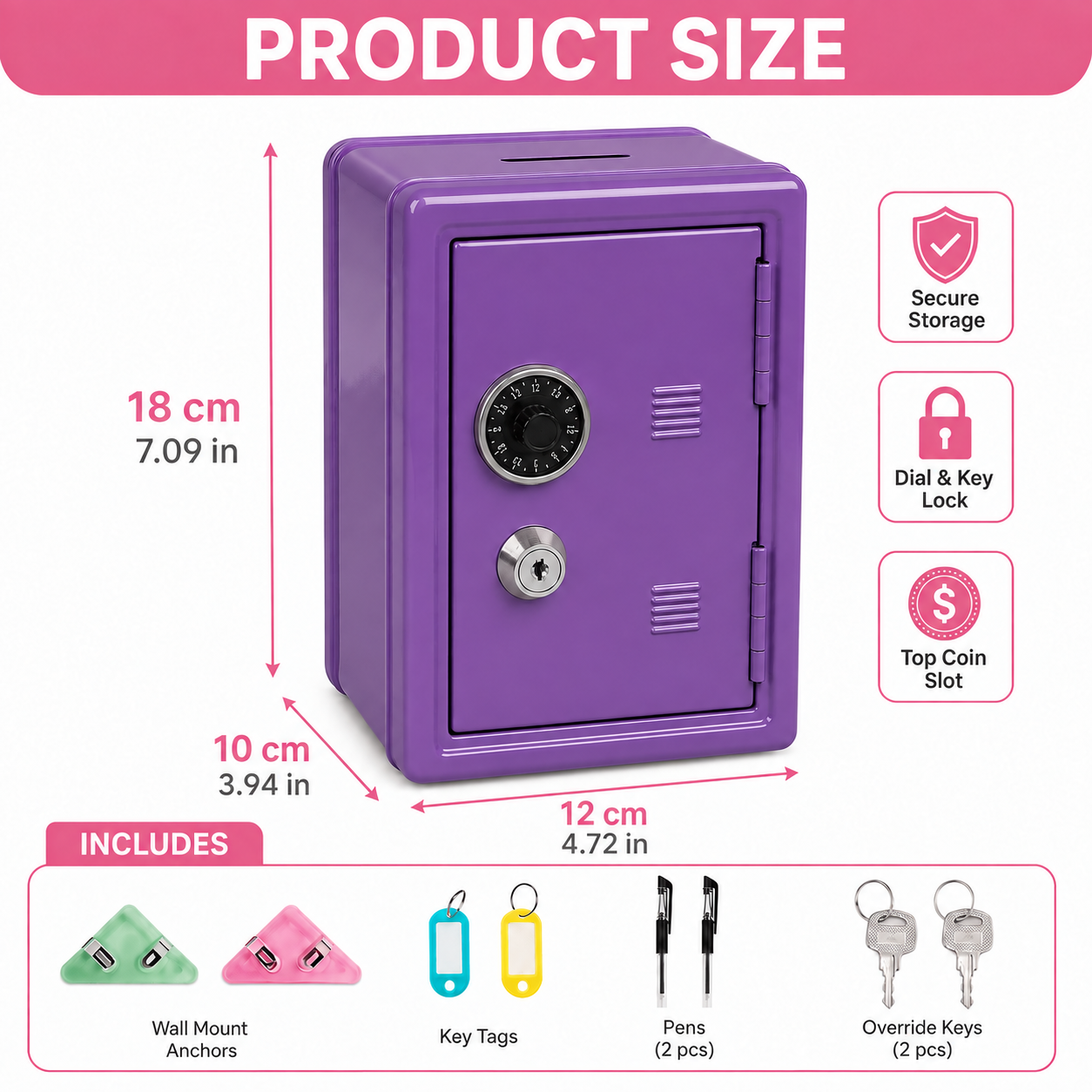 Lockable Metal Money Box, Cash & Coin Storage Box with Key Lock, Compact Piggy Bank for Kids & Adults, Office & Small Valuables-Purple