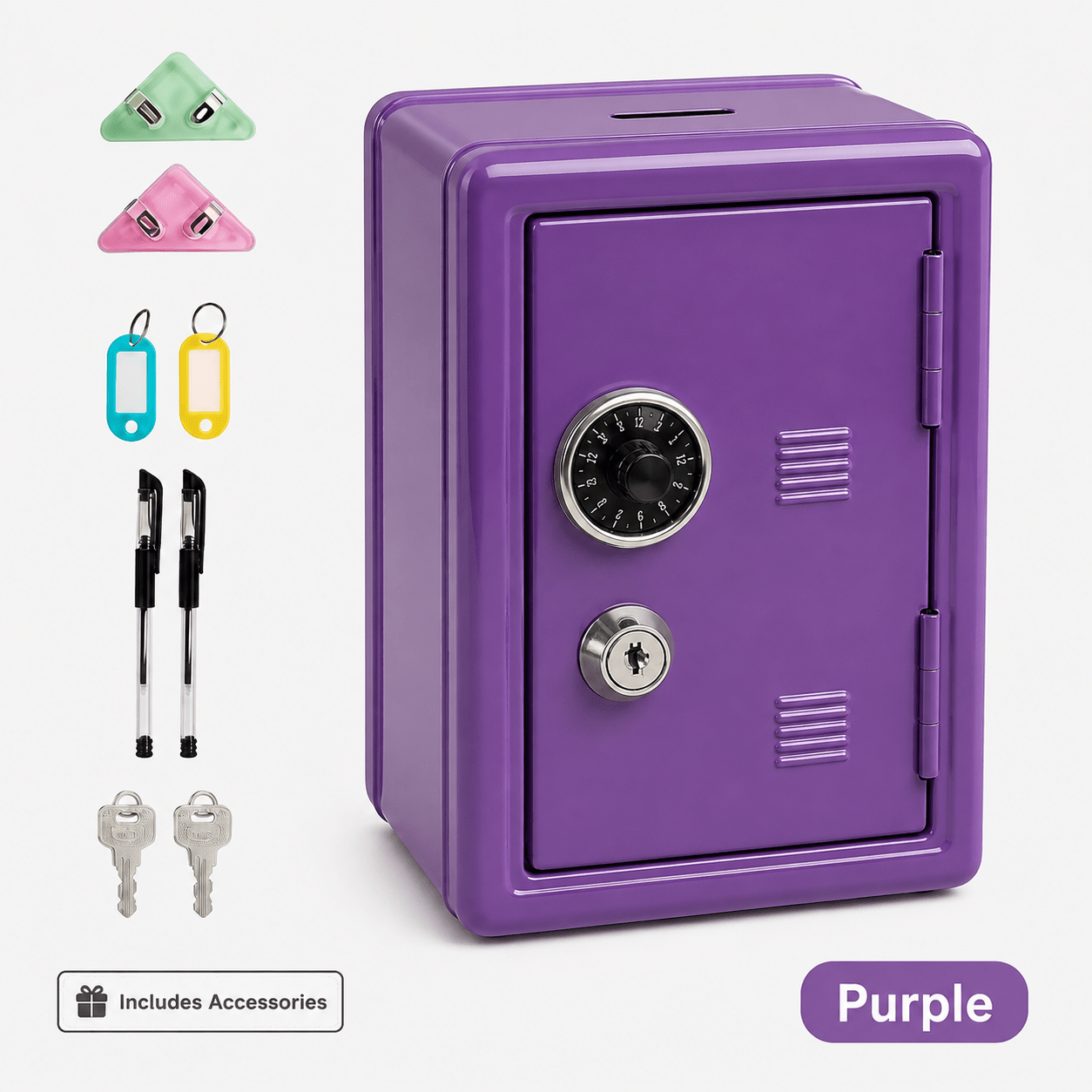 Lockable Metal Money Box, Cash & Coin Storage Box with Key Lock, Compact Piggy Bank for Kids & Adults, Office & Small Valuables-Purple