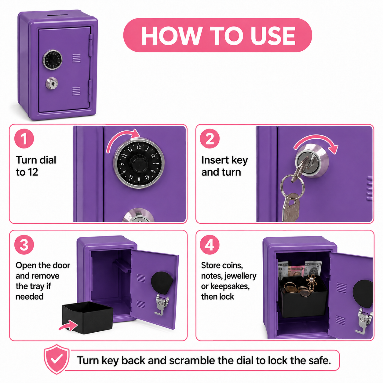 Lockable Metal Money Box, Cash & Coin Storage Box with Key Lock, Compact Piggy Bank for Kids & Adults, Office & Small Valuables-Purple