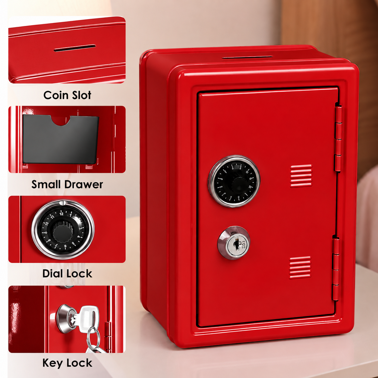 Lockable Metal Money Box, Cash & Coin Storage Box with Key Lock, Compact Piggy Bank for Kids & Adults, Office & Small Valuables-Red