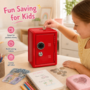 Lockable Metal Money Box, Cash & Coin Storage Box with Key Lock, Compact Piggy Bank for Kids & Adults, Office & Small Valuables-Red
