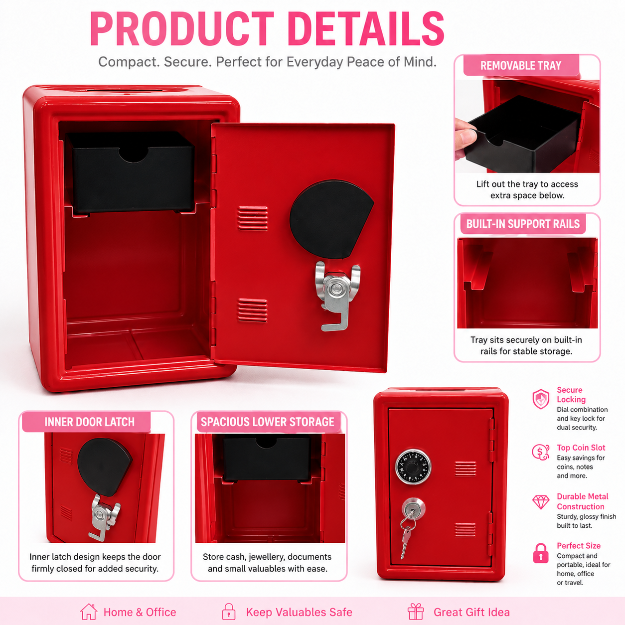 Lockable Metal Money Box, Cash & Coin Storage Box with Key Lock, Compact Piggy Bank for Kids & Adults, Office & Small Valuables-Red