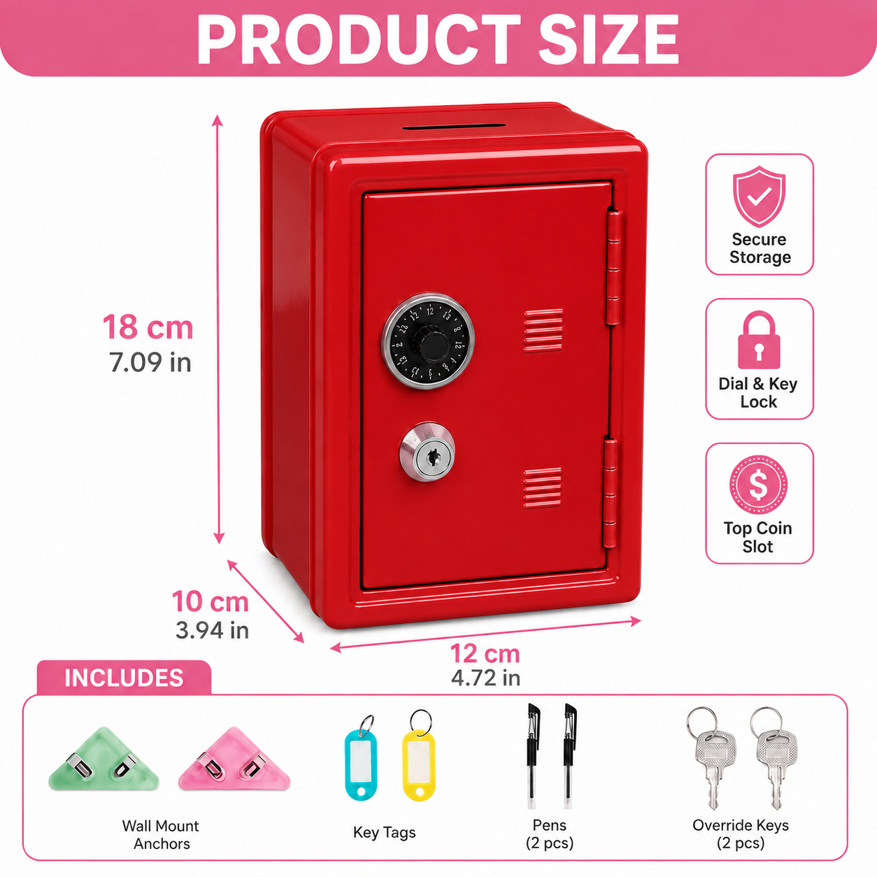 Lockable Metal Money Box, Cash & Coin Storage Box with Key Lock, Compact Piggy Bank for Kids & Adults, Office & Small Valuables-Red