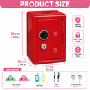 Lockable Metal Money Box, Cash & Coin Storage Box with Key Lock, Compact Piggy Bank for Kids & Adults, Office & Small Valuables-Red
