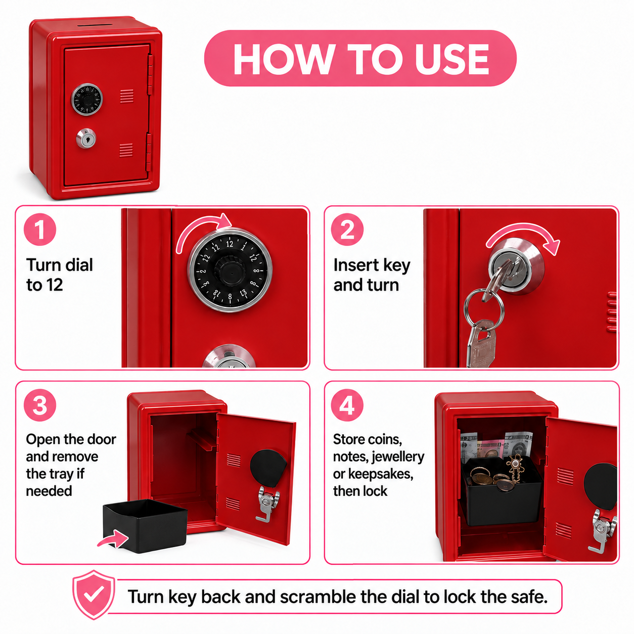 Lockable Metal Money Box, Cash & Coin Storage Box with Key Lock, Compact Piggy Bank for Kids & Adults, Office & Small Valuables-Red