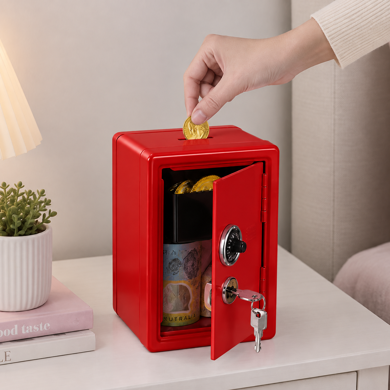 Lockable Metal Money Box, Cash & Coin Storage Box with Key Lock, Compact Piggy Bank for Kids & Adults, Office & Small Valuables-Red