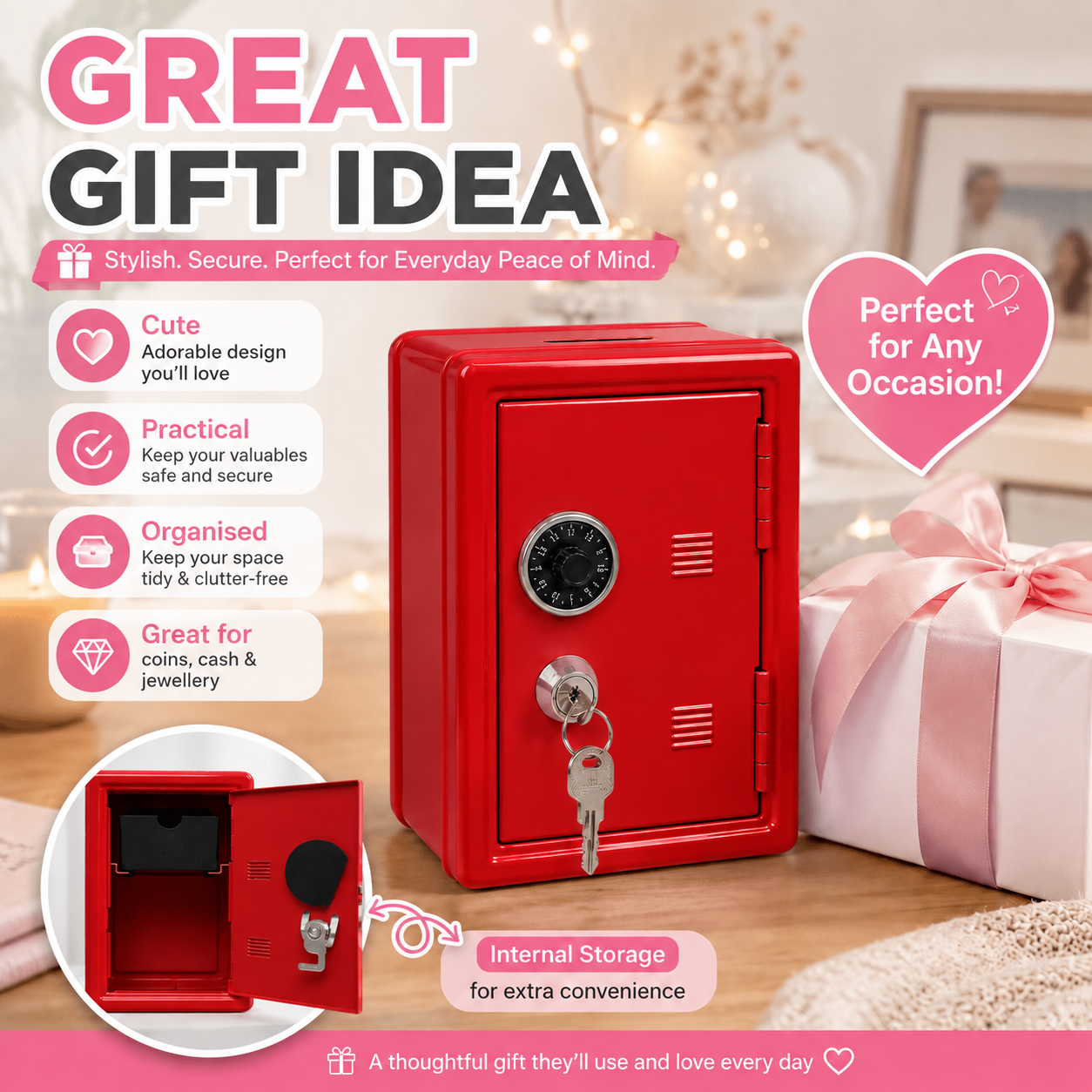 Lockable Metal Money Box, Cash & Coin Storage Box with Key Lock, Compact Piggy Bank for Kids & Adults, Office & Small Valuables-Red