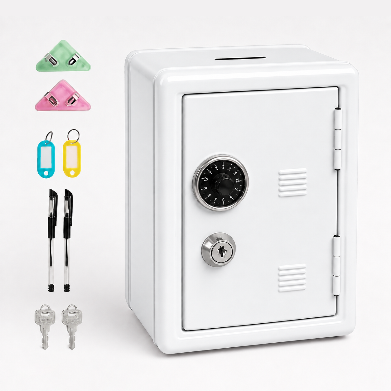 Lockable Metal Money Box, Cash & Coin Storage Box with Key Lock, Compact Piggy Bank for Kids & Adults, Office & Small Valuables-White